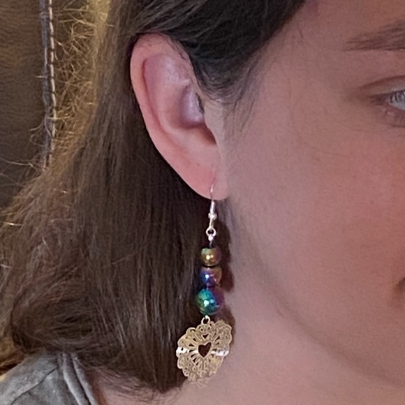 HAND CRAFTED Earrings Rainbow Heart Long Glass Beads Jewelry Silver Dangle - Picture 6 of 7